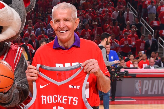 HOUSTON, TX - MAY 6:  Jim McIngvale is photographed with the mascot during Game Four of the Western Conference Semifinals of the 2019 NBA Playoffs on May 6, 2019 at the Toyota Center in Houston, Texas. NOTE TO USER: User expressly acknowledges and agrees that, by downloading and/or using this photograph, user is consenting to the terms and conditions of the Getty Images License Agreement. Mandatory Copyright Notice: Copyright 2019 NBAE (Photo by Bill Baptist/NBAE via Getty Images)