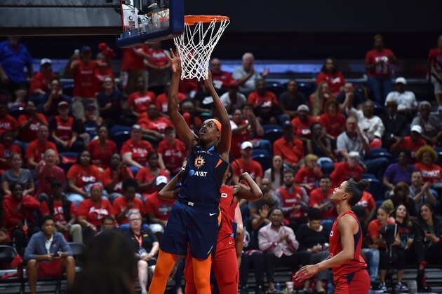 WASHINGTON, DC - OCTOBER 1: Jonquel Jones #35 of the Connecticut Sun shoots the ball against the Washington Mystics during Game 2 of the 2019 WNBA Finals on October 1, 2019 at the St. Elizabeths East Entertainment and Sports Arena in Washington, DC. NOTE TO USER: User expressly acknowledges and agrees that, by downloading and or using this photograph, User is consenting to the terms and conditions of the Getty Images License Agreement. Mandatory Copyright Notice: Copyright 2019 NBAE (Photo by Rich Kessler/NBAE via Getty Images)