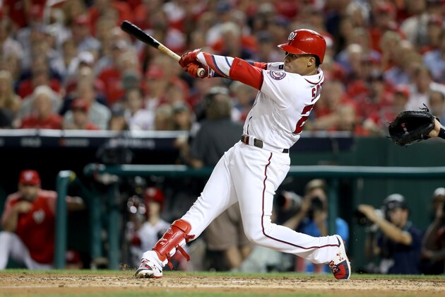 WASHINGTON, DC - OCTOBER 01: Juan Soto #22 of the Washington Nationals bats against the Milwaukee Brewers during the sixth inning in the National League Wild Card game at Nationals Park on October 01, 2019 in Washington, DC. (Photo by Rob Carr/Getty Images)