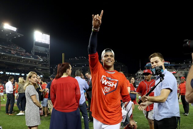 WASHINGTON, DC - OCTOBER 01: Juan Soto #22 of the Washington Nationals celebrates after defeating the Milwaukee Brewers with a score 4 to 3 in the National League Wild Card game at Nationals Park on October 01, 2019 in Washington, DC. (Photo by Rob Carr/Getty Images)