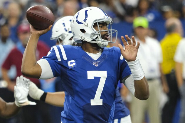 Indianapolis Colts quarterback Jacoby Brissett (7) throws against the Oakland Raiders during the second half of an NFL football game in Indianapolis, Sunday, Sept. 29, 2019. (AP Photo/AJ Mast)