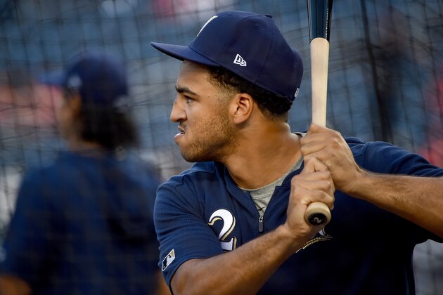WASHINGTON, DC - OCTOBER 01: Trent Grisham #2 of the Milwaukee Brewers takes batting practice prior to the National League Wild Card game against the Washington Nationals at Nationals Park on October 01, 2019 in Washington, DC. (Photo by Will Newton/Getty Images)