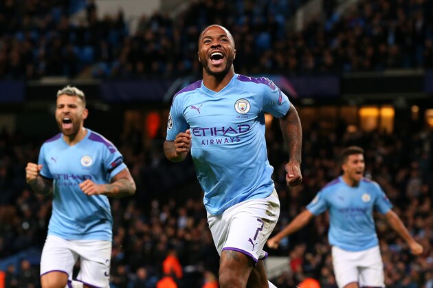 MANCHESTER, ENGLAND - OCTOBER 01:  Raheem Sterling of Manchester City celebrates after scoring the opening goal during the UEFA Champions League group C match between Manchester City and Dinamo Zagreb at Etihad Stadium on October 01, 2019 in Manchester, United Kingdom. (Photo by Alex Livesey - Danehouse/Getty Images)