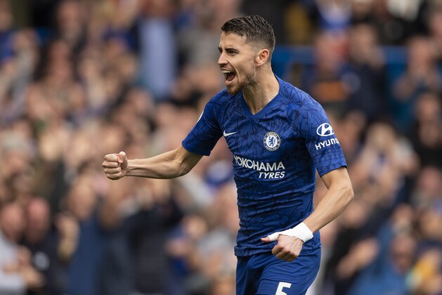LONDON, ENGLAND - SEPTEMBER 28: Jorginho celebrates scoring Chelsea's first goal during to the Premier League match between Chelsea FC and Brighton & Hove Albion at Stamford Bridge on September 28, 2019 in London, United Kingdom. (Photo by Visionhaus)