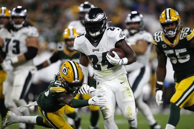 Philadelphia Eagles running back Jordan Howard (24) runs the ball against the Green Bay Packers during an NFL football game, Thursday, Sept. 26, 2019, in Green Bay, Wis. The Eagles defeated the Packers 34-27. (Jeff Haynes/AP Images for Panini)