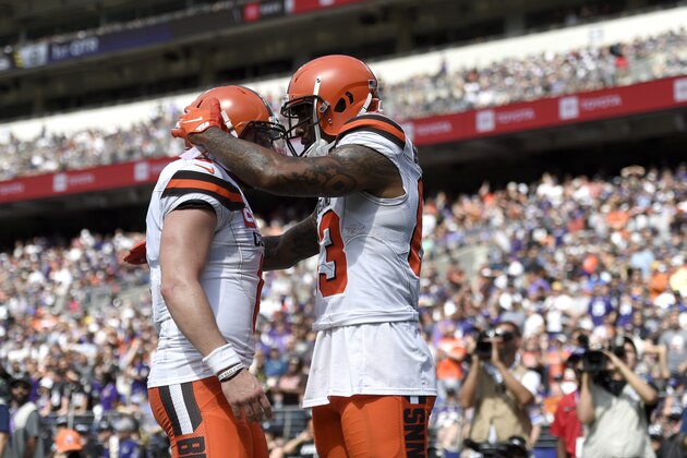 Cleveland Browns tight end Ricky Seals-Jones, right, and Baker Mayfield react after connecting for a touchdown against the Baltimore Ravens during the first half of an NFL football game Sunday, Sept. 29, 2019, in Baltimore. (AP Photo/Gail Burton)