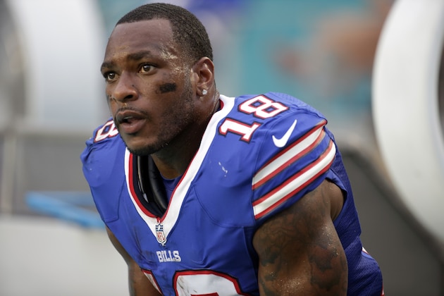 Buffalo Bills wide receiver Percy Harvin (18) sits on the sidelines during the second half of an NFL football game against the Miami Dolphins, Sunday, Sept. 27, 2015 in Miami Gardens, Fla. (AP Photo/Lynne Sladky)