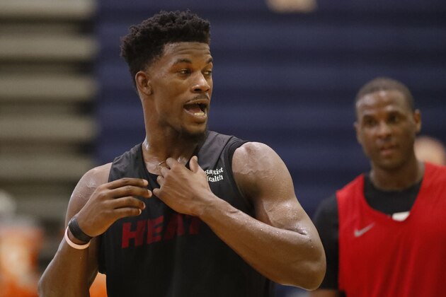 Miami Heat's Jimmy Butler is shown during the team's NBA basketball practice at Keiser University, Tuesday, Oct. 1, 2019, in West Palm Beach, Fla. (AP Photo/Wilfredo Lee)