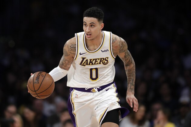 Los Angeles Lakers' Kyle Kuzma during an NBA basketball game Sunday, March 24, 2019, in Los Angeles. (AP Photo/Marcio Jose Sanchez)