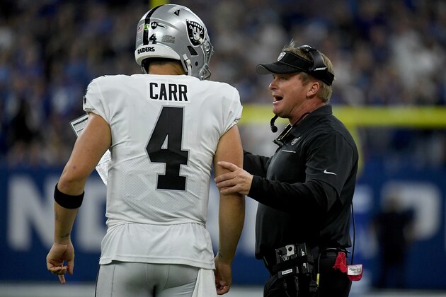 INDIANAPOLIS, IN - SEPTEMBER 29: Head coach Jon Gruden of the Oakland Raiders talks to Derek Carr #4 during a timeout in the fourth quarter of the game against the Indianapolis Colts at Lucas Oil Stadium on September 29, 2019 in Indianapolis, Indiana. (Photo by Bobby Ellis/Getty Images)