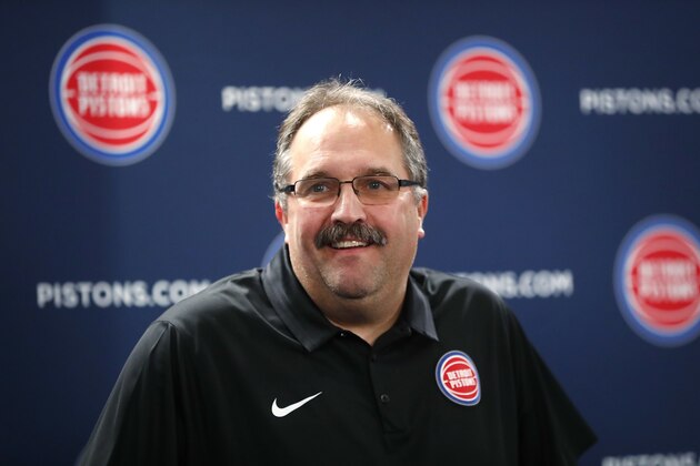 Detroit Pistons President and Head Coach Stan Van Gundy smiles while introducing Blake Griffin as a part of his NBA basketball team in Auburn Hills, Mich., Wednesday, Jan. 31, 2018. (AP Photo/Paul Sancya)