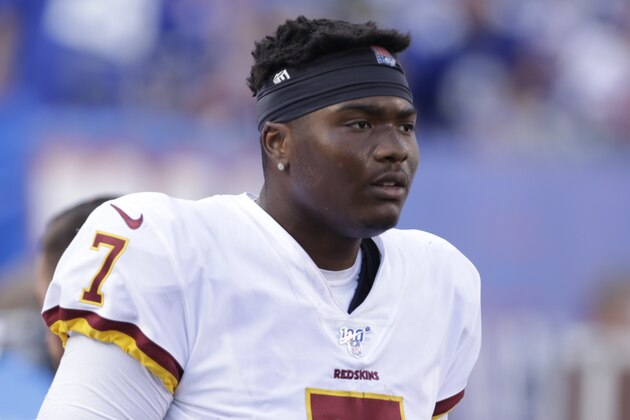 Washington Redskins quarterback Dwayne Haskins on the sideline during the second half of an NFL football game against the New York Giants, Sunday, Sept. 29, 2019, in East Rutherford, N.J. The Giants defeated the Redskins 24-3. (AP Photo/Adam Hunger)