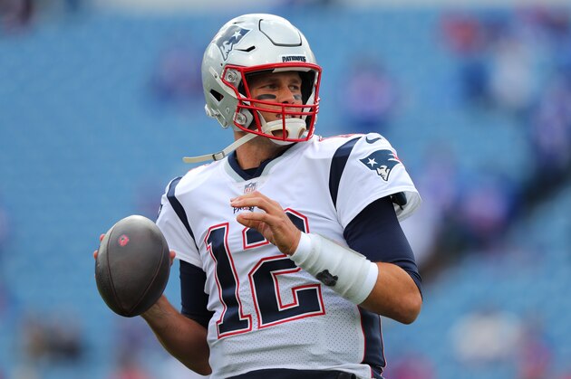 ORCHARD PARK, NY - SEPTEMBER 29:  Tom Brady #12 of the New England Patriots throws a pass before a game against the Buffalo Bills at New Era Field on September 29, 2019 in Orchard Park, New York.  (Photo by Timothy T Ludwig/Getty Images)
