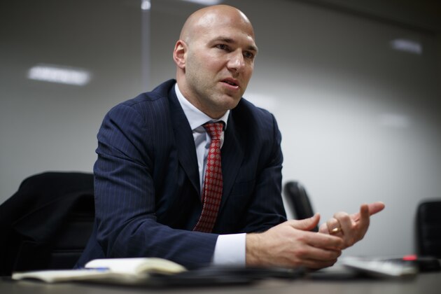 In this Nov. 29, 2018 photo, Rep.-elect Anthony Gonzalez, R-Ohio speaks during an interview with the Associated Press at the National Republican Congressional Committee offices in Washington. This year’s midterm election is sending a record 43 Latinos to Congress.  (AP Photo/Carolyn Kaster)
