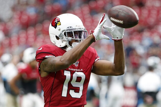 GLENDALE, ARIZONA - SEPTEMBER 22: Wide receiver KeeShean Johnson #19 of the Arizona Cardinals catches a pass prior to the NFL football game against the Carolina Panthers at State Farm Stadium on September 22, 2019 in Glendale, Arizona. (Photo by Ralph Freso/Getty Images)