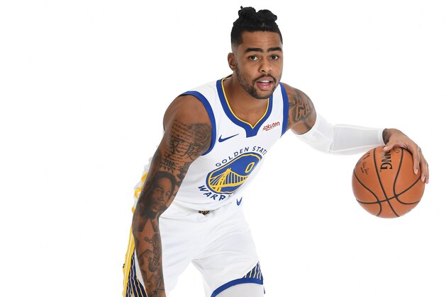 SAN FRANCISCO, CA - SEPTEMBER 30: D'Angelo Russell #0 of the Golden State Warriors poses for a portrait during media day on September 30, 2019 at the Biofreeze Performance Center in San Francisco, California. NOTE TO USER: User expressly acknowledges and agrees that, by downloading and/or using this photograph, user is consenting to the terms and conditions of the Getty Images License Agreement. Mandatory Copyright Notice: Copyright 2019 NBAE (Photo by Noah Graham/NBAE via Getty Images)