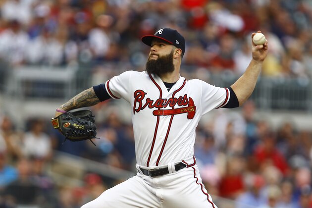 Atlanta Braves starting pitcher Dallas Keuchel (60) throws a pitch during the first inning of a baseball game against the Chicago White Sox, Saturday, Aug. 31, 2019, in Atlanta, Ala. (AP Photo/Butch Dill)