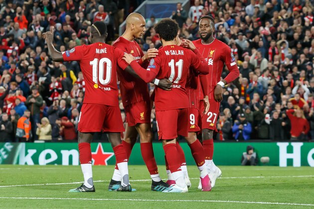 LIVERPOOL, ENGLAND - OCTOBER 02: Mohamed Salah of FC Liverpool celebrates after scoring his team's fourth goal with team mates during the UEFA Champions League group E match between Liverpool FC and RB Salzburg at Anfield on October 2, 2019 in Liverpool, United Kingdom. (Photo by TF-Images/Getty Images)