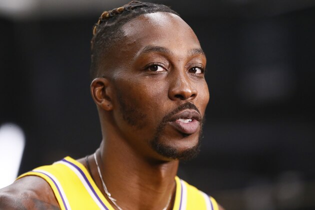 EL SEGUNDO, CA - SEPTEMBER 27: Dwight Howard #39 of the Los Angeles Lakers speaks to the media during media day on September 27, 2019 at the UCLA Health Training Center in El Segundo, California. NOTE TO USER: User expressly acknowledges and agrees that, by downloading and/or using this photograph, user is consenting to the terms and conditions of the Getty Images License Agreement. Mandatory Copyright Notice: Copyright 2019 NBAE (Photo by Chris Elise/NBAE via Getty Images)