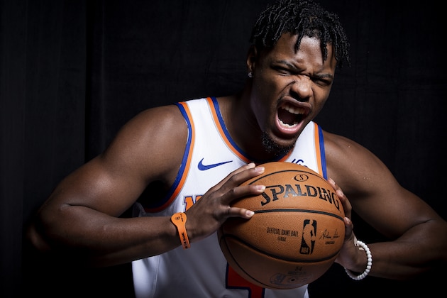 TARRYTOWN, NY - SEPTEMBER 30: Dennis Smith Jr. #5 of the New York Knicks poses for a portrait during media day on September 30, 2019 at the Madison Square Garden Training Center in Tarrytown, New York. NOTE TO USER: User expressly acknowledges and agrees that, by downloading and/or using this photograph, user is consenting to the terms and conditions of the Getty Images License Agreement. Mandatory Copyright Notice: Copyright 2019 NBAE (Photo by Michelle Farsi/NBAE via Getty Images)