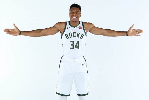 MILWAUKEE, WI - SEPTEMBER 30: Giannis Antetokounmpo #34 of the Milwaukee Bucks poses for a portrait during Media Day at Fiserv Forum on September 30, 2019 in Milwaukee, Wisconsin. NOTE TO USER: User expressly acknowledges and agrees that, by downloading and/or using this photograph, user is consenting to the terms and conditions of the Getty Images License Agreement.  Mandatory Copyright Notice: Copyright 2019 NBAE (Photo by Gary Dineen/NBAE via Getty Images)