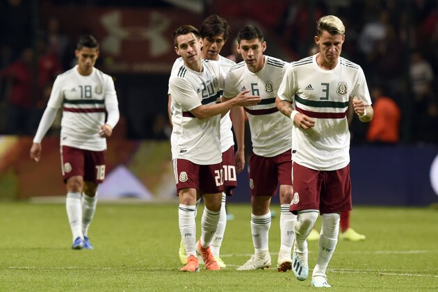 Mexico's Jesus Angulo (c) celebrates his goal against Trinidad and Tobago during their friendly match at the Nemesio Diez Stadium in Toluca, Mexico on October 2, 2019. (Photo by ALFREDO ESTRELLA / AFP) (Photo by ALFREDO ESTRELLA/AFP via Getty Images)