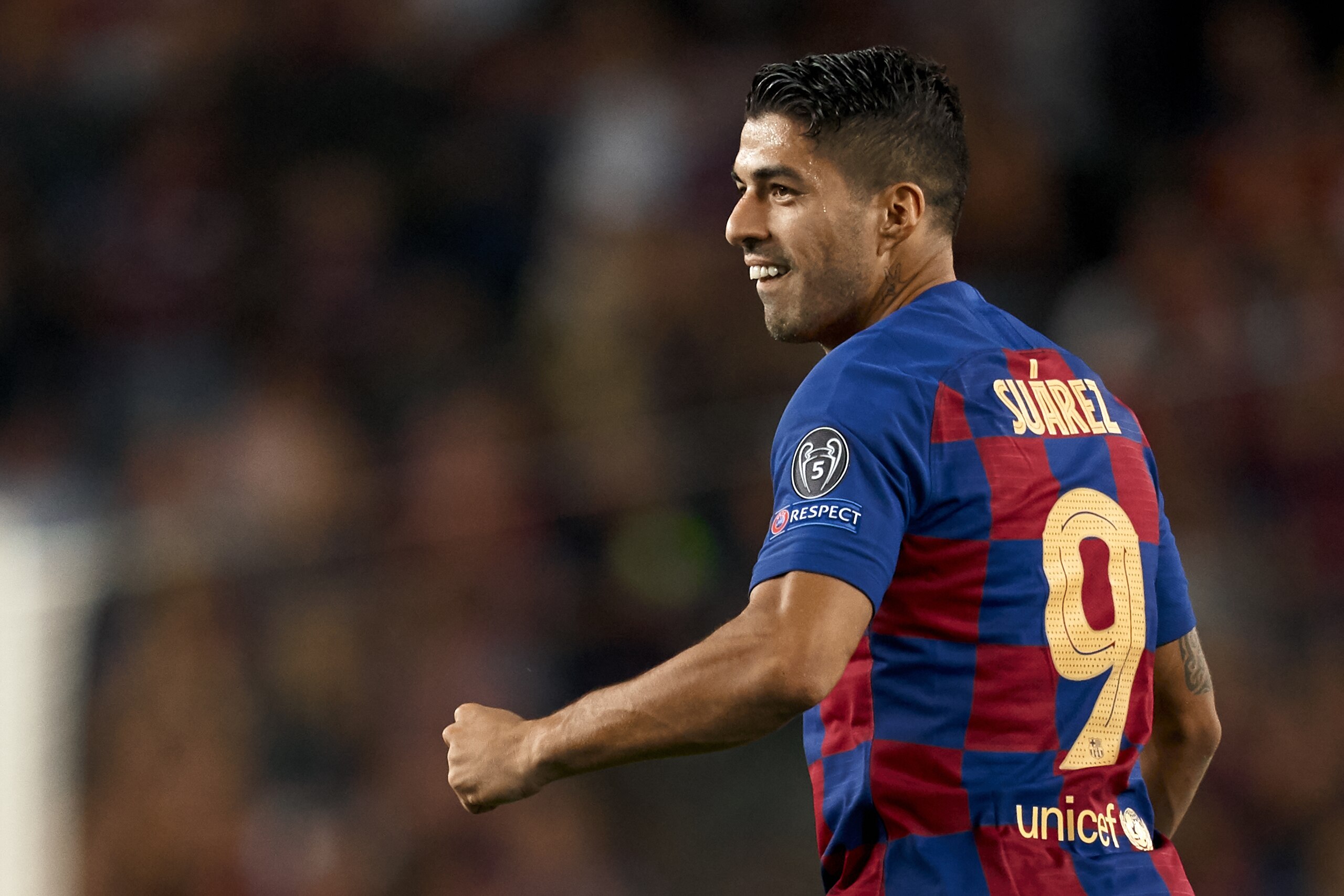 BARCELONA, SPAIN - OCTOBER 02: Luis Suarez of FC Barcelona celebrates their team's first goal during the UEFA Champions League group F match between FC Barcelona and Inter at Camp Nou on October 02, 2019 in Barcelona, Spain. (Photo by Quality Sport Images/Getty Images)