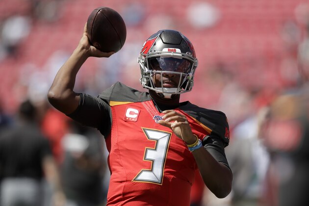 Tampa Bay Buccaneers quarterback Jameis Winston warms up before an NFL football game against the Los Angeles Rams Sunday, Sept. 29, 2019, in Los Angeles. (AP Photo/Marcio Jose Sanchez)