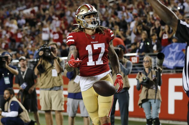San Francisco 49ers wide receiver Jalen Hurd (17) celebrates after scoring against the Dallas Cowboys during the second half of an NFL preseason football game in Santa Clara, Calif., Saturday, Aug. 10, 2019. (AP Photo/Josie Lepe)