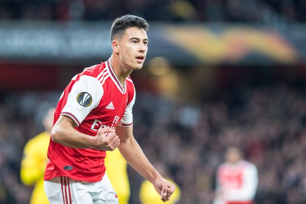 LONDON, ENGLAND - OCTOBER 03: Gabriel Martinelli of Arsenal FC celebrate after scoring 1st goal during the UEFA Europa League group F match between Arsenal FC and Standard Liege at Emirates Stadium on October 3, 2019 in London, United Kingdom. (Photo by Sebastian Frej/MB Media/Getty Images)