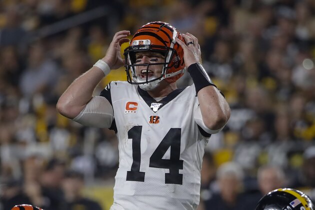 Cincinnati Bengals quarterback Andy Dalton (14) calls signals during the second half of an NFL football game against the Pittsburgh Steelers in Pittsburgh, Monday, Sept. 30, 2019. (AP Photo/Don Wright)