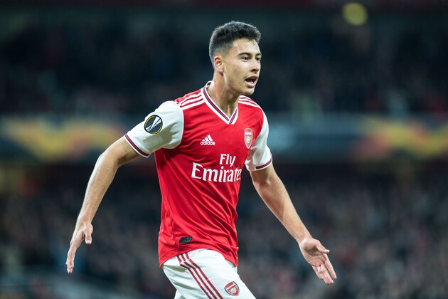 LONDON, ENGLAND - OCTOBER 03: Gabriel Martinelli of Arsenal FC celebrates after scoring 1st goal during the UEFA Europa League group F match between Arsenal FC and Standard Liege at Emirates Stadium on October 3, 2019 in London, United Kingdom. (Photo by Sebastian Frej/MB Media/Getty Images)