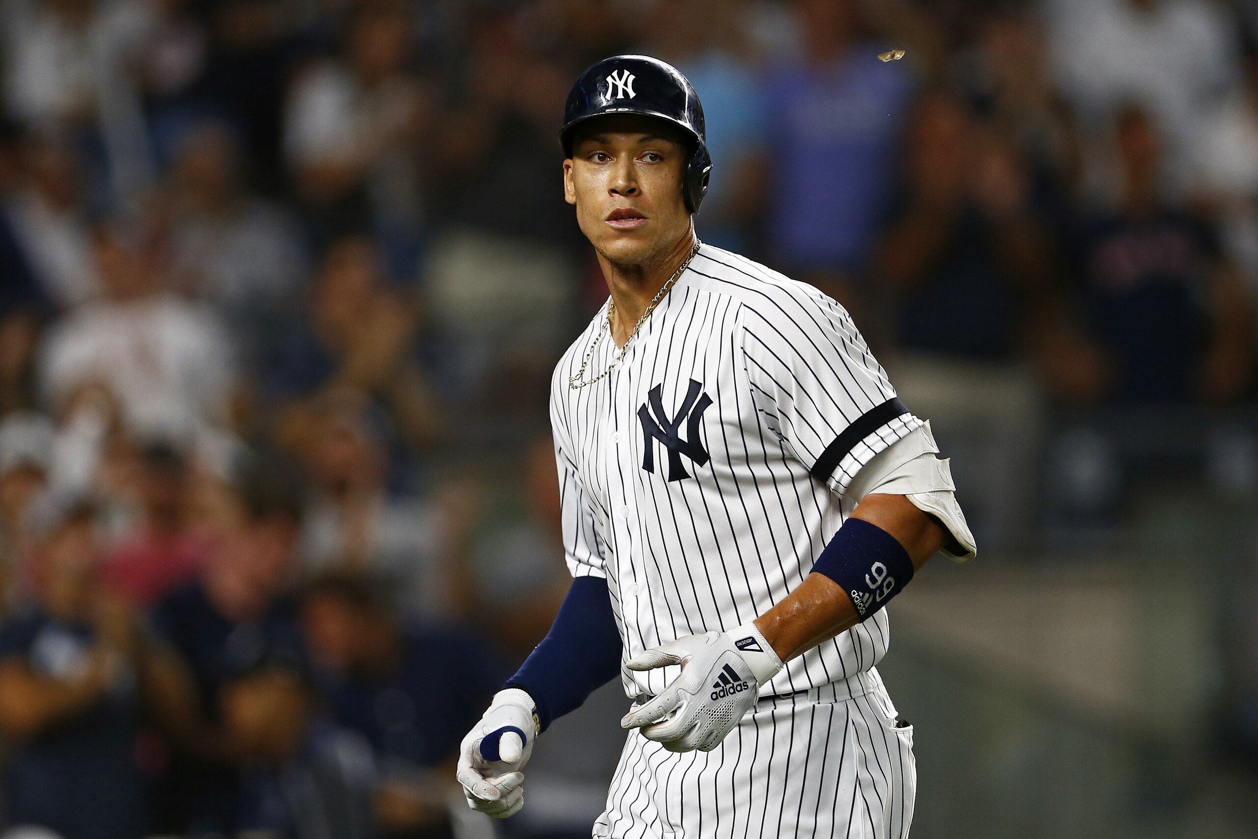 New York Yankees' Aaron Judge celebrates his solo home run during the first inning of a baseball game against the Boston Red Sox on Sunday, Aug. 4, 2019, in New York. (AP Photo/Adam Hunger) New York Yankees' Aaron Judge celebrates his solo home run during the first inning of a baseball game against the Boston Red Sox on Sunday, Aug. 4, 2019, in New York. (AP Photo/Adam Hunger)