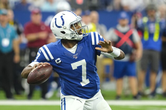 Indianapolis Colts quarterback Jacoby Brissett (7) throws against the Oakland Raiders during the first half of an NFL football game in Indianapolis, Sunday, Sept. 29, 2019. (AP Photo/AJ Mast)