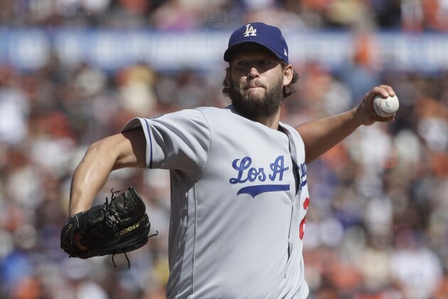 Los Angeles Dodgers pitcher Clayton Kershaw throws to a San Francisco Giants batter during the fifth inning of a baseball game in San Francisco, Sunday, Sept. 29, 2019. (AP Photo/Jeff Chiu)