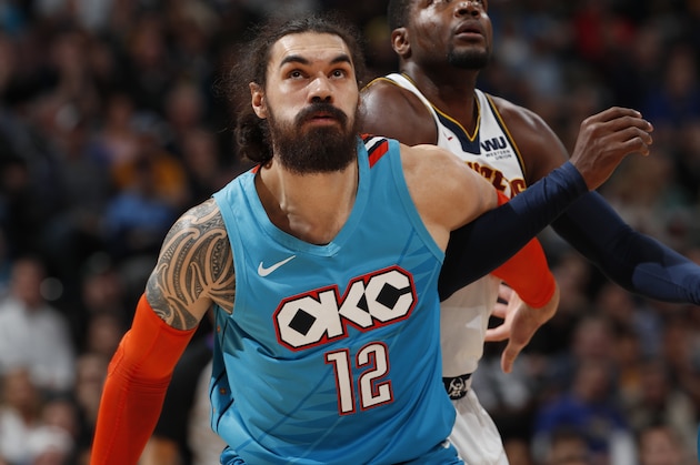 Oklahoma City Thunder center Steven Adams (12) in the second half of an NBA basketball game Tuesday, Feb. 26, 2019, in Denver. The Nuggets won 121-112. (AP Photo/David Zalubowski)