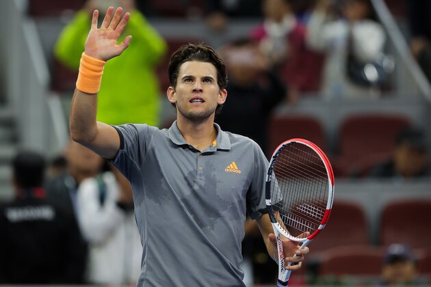 BEIJING, CHINA - OCTOBER 04:  Dominic Thiem of Austria celebrates after defeating Andy Murray of Great Britain  during the Men's singles Quarter Finals of 2019 China Open at the China National Tennis Center on October 4, 2019 in Beijing, China.  (Photo by Lintao Zhang/Getty Images)