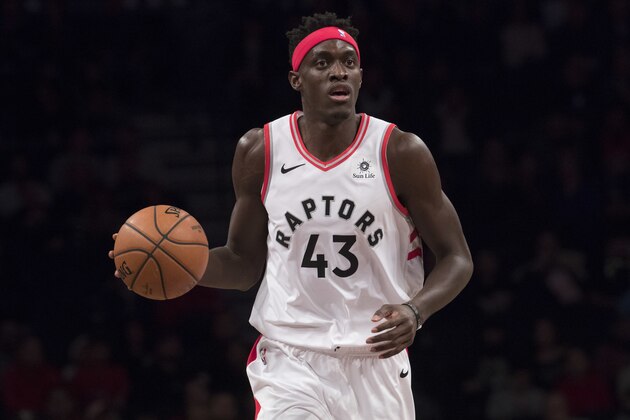 Toronto Raptors forward Pascal Siakam handles the ball during the first half of an NBA basketball game against the Brooklyn Nets, Friday, Dec. 7, 2018, in New York. (AP Photo/Mary Altaffer)
