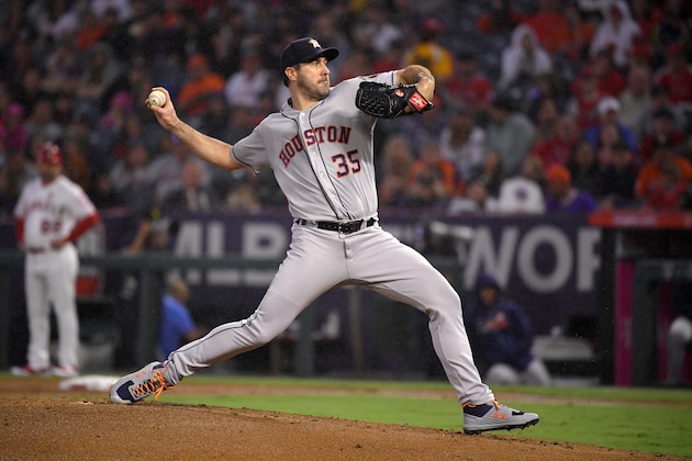 Houston Astros starting pitcher Justin Verlander throws to the plate during the first inning of a baseball game against the Los Angeles Angels, Saturday, Sept. 28, 2019, in Anaheim, Calif. (AP Photo/Mark J. Terrill) Houston Astros starting pitcher Justin Verlander throws to the plate during the first inning of a baseball game against the Los Angeles Angels, Saturday, Sept. 28, 2019, in Anaheim, Calif. (AP Photo/Mark J. Terrill)