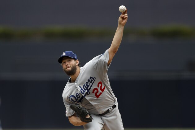 Los Angeles Dodgers starting pitcher Clayton Kershaw works against a San Diego Padres batter during the first inning of a baseball game Thursday, Sept. 26, 2019, in San Diego. (AP Photo/Gregory Bull)