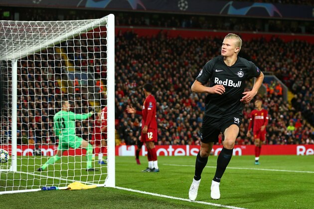 LIVERPOOL, ENGLAND - OCTOBER 02: Erling Haland of Red Bull Salzburg celebrates after scoring a goal to make it 3-3 during the UEFA Champions League group E match between Liverpool FC and RB Salzburg at Anfield on October 2, 2019 in Liverpool, United Kingdom. (Photo by Robbie Jay Barratt - AMA/Getty Images)