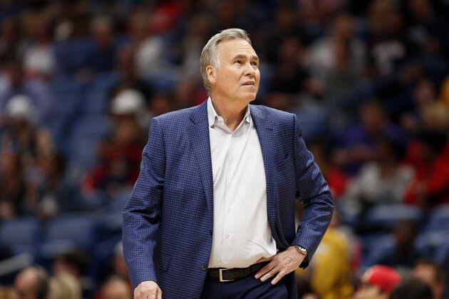 Houston Rockets head coach Mike D'Antoni during the first half of an NBA basketball game in New Orleans, Sunday, March 24, 2019. (AP Photo/Tyler Kaufman)