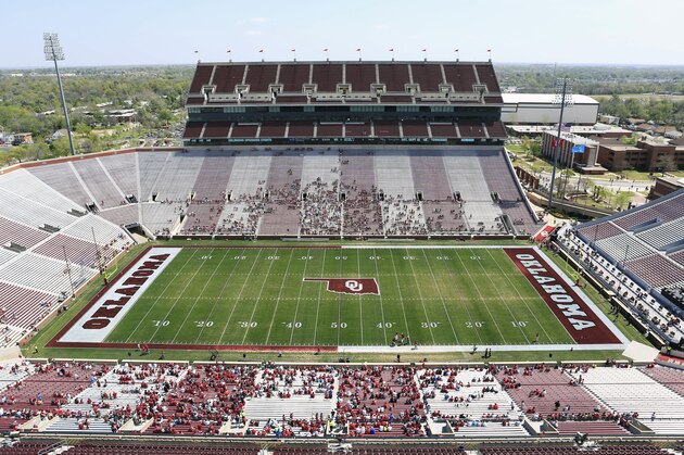 The new paint on the Gaylord Family Oklahoma Memorial Stadium that fans chose during an online voting for the Oklahoma NCAA college spring football game in Norman, Okla., on Saturday, April 12, 2014. (AP Photo/Alonzo Adams)