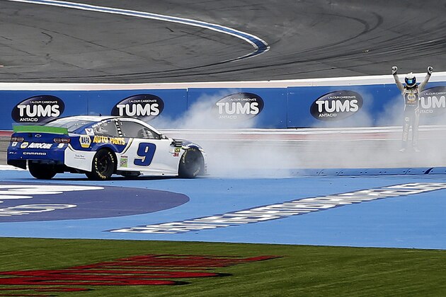 CHARLOTTE, NORTH CAROLINA - SEPTEMBER 29: Chase Elliott, driver of the #9 NAPA Auto Parts Chevrolet, celebrates after winning the Monster Energy NASCAR Cup Series Bank of America ROVAL 400 at Charlotte Motor Speedway on September 29, 2019 in Charlotte, North Carolina. (Photo by Brian Lawdermilk/Getty Images)
