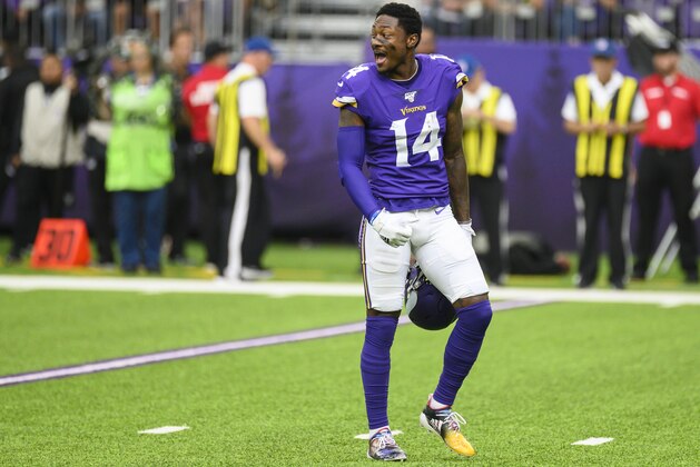 MINNEAPOLIS, MN - SEPTEMBER 22: Stefon Diggs #14 of the Minnesota Vikings on the field between plays in the first quarter of the game against the Oakland Raiders at U.S. Bank Stadium on September 22, 2019 in Minneapolis, Minnesota. (Photo by Stephen Maturen/Getty Images)