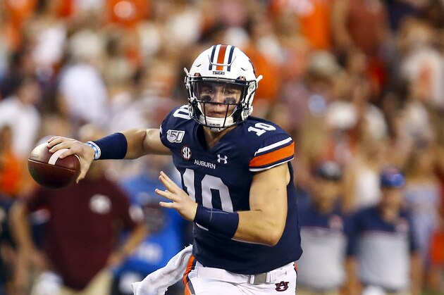Auburn quarterback Bo Nix (10) throws a pass during the first half of an NCAA college football game against Mississippi State, Saturday, Sept. 28, 2019, in Auburn, Ala. (AP Photo/Butch Dill)