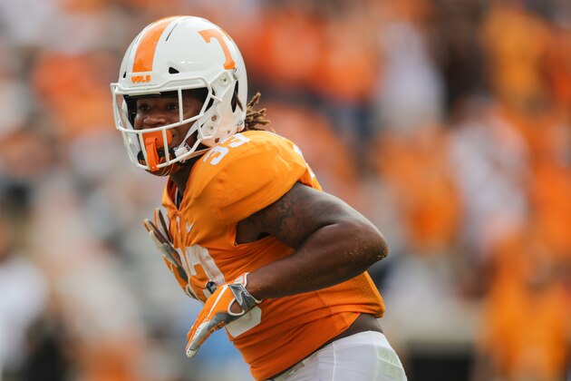 KNOXVILLE, TN - SEPTEMBER 08: Jeremy Banks #33 of the Tennessee Volunteers reacts to scoring a touchdown during a game against the East Tennessee State University Buccaneers at Neyland Stadium on September 8, 2018 in Knoxville, Tennessee. Tennessee won the game 59-3. (Photo by Donald Page/Getty Images)