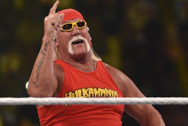 Wrestling legend Hulk Hogan greets the crowd during the World Wrestling Entertainment (WWE) Crown Jewel pay-per-view at the King Saud University Stadium in Riyadh on November 2, 2018. (Photo by Fayez Nureldine / AFP)        (Photo credit should read FAYEZ NURELDINE/AFP/Getty Images)
