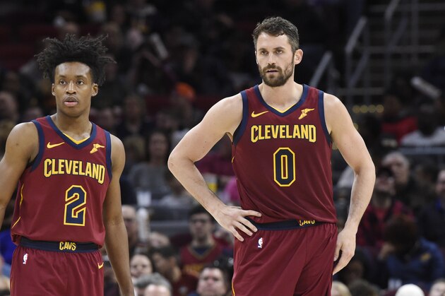 CLEVELAND, OHIO - MARCH 03:  Collin Sexton #2 and Kevin Love #0 of the Cleveland Cavaliers wait for a play during the second half against the Orlando Magic at Quicken Loans Arena on March 03, 2019 in Cleveland, Ohio. The Cavaliers defeated the Magic 107-93. NOTE TO USER: User expressly acknowledges and agrees that, by downloading and or using this photograph, User is consenting to the terms and conditions of the Getty Images License Agreement. (Photo by Jason Miller/Getty Images)