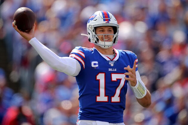 BUFFALO, NEW YORK - SEPTEMBER 29: Josh Allen #17 of the Buffalo Bills throws a pass against the New England Patriots during the first quarter in the game at New Era Field on September 29, 2019 in Buffalo, New York. (Photo by Brett Carlsen/Getty Images)